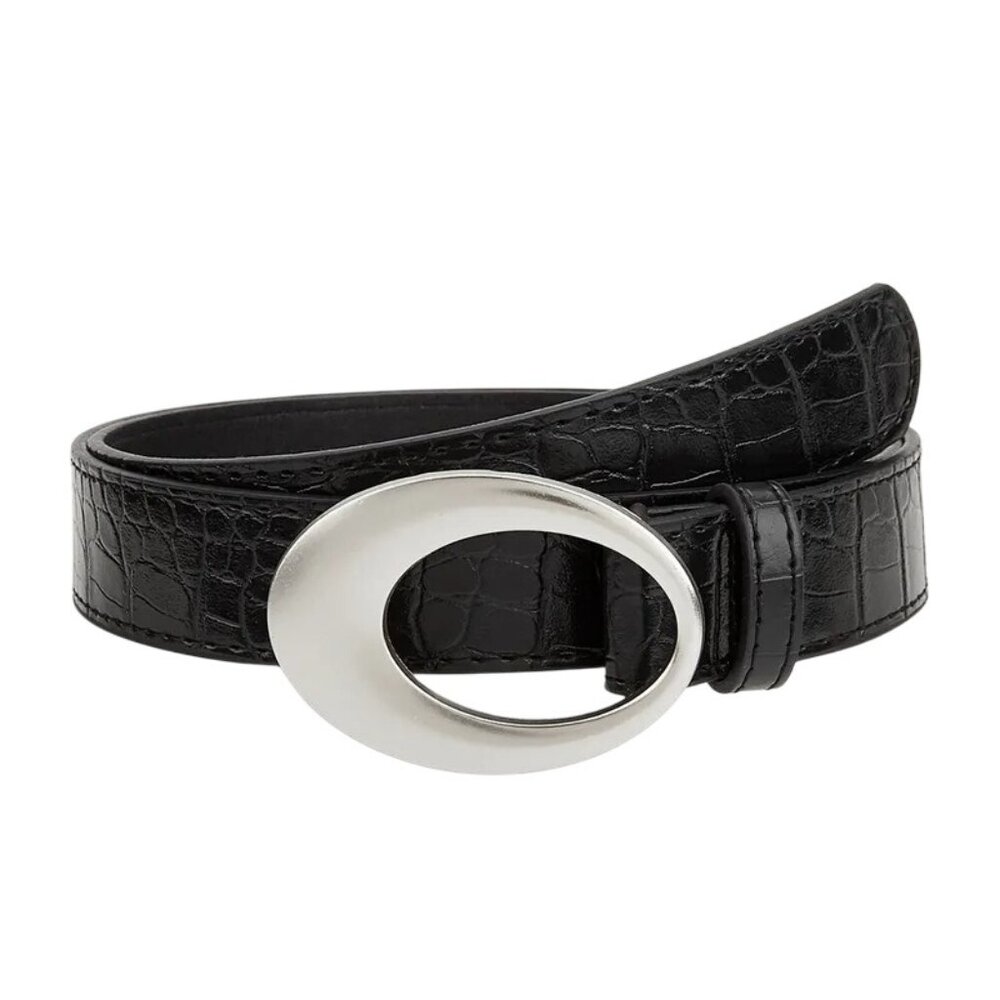 Elegant Black Croc-Embossed Belt with Silver Buckle
